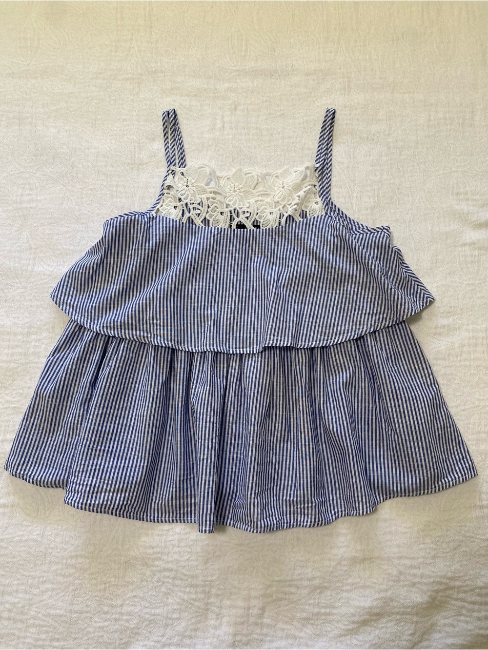 Zara Women’s Sz M Tiered Lace Top Striped Cotton Sleeveless Ruffle  Summer Top